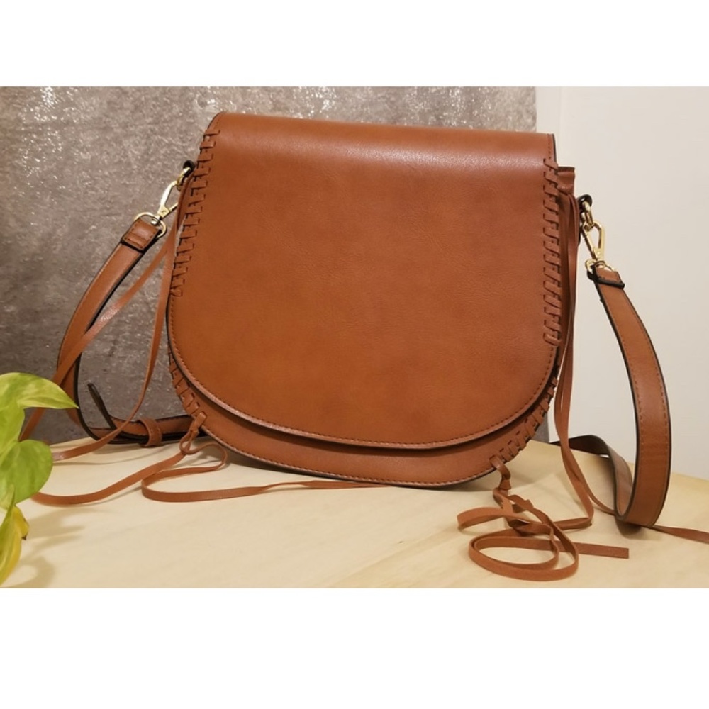 Saddle Crossbody Bag in Cognac Brown Vegan Leather